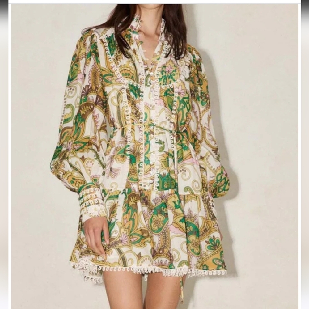 RUFFLE PAISLEY FLORAL PRINT MINI DRESS